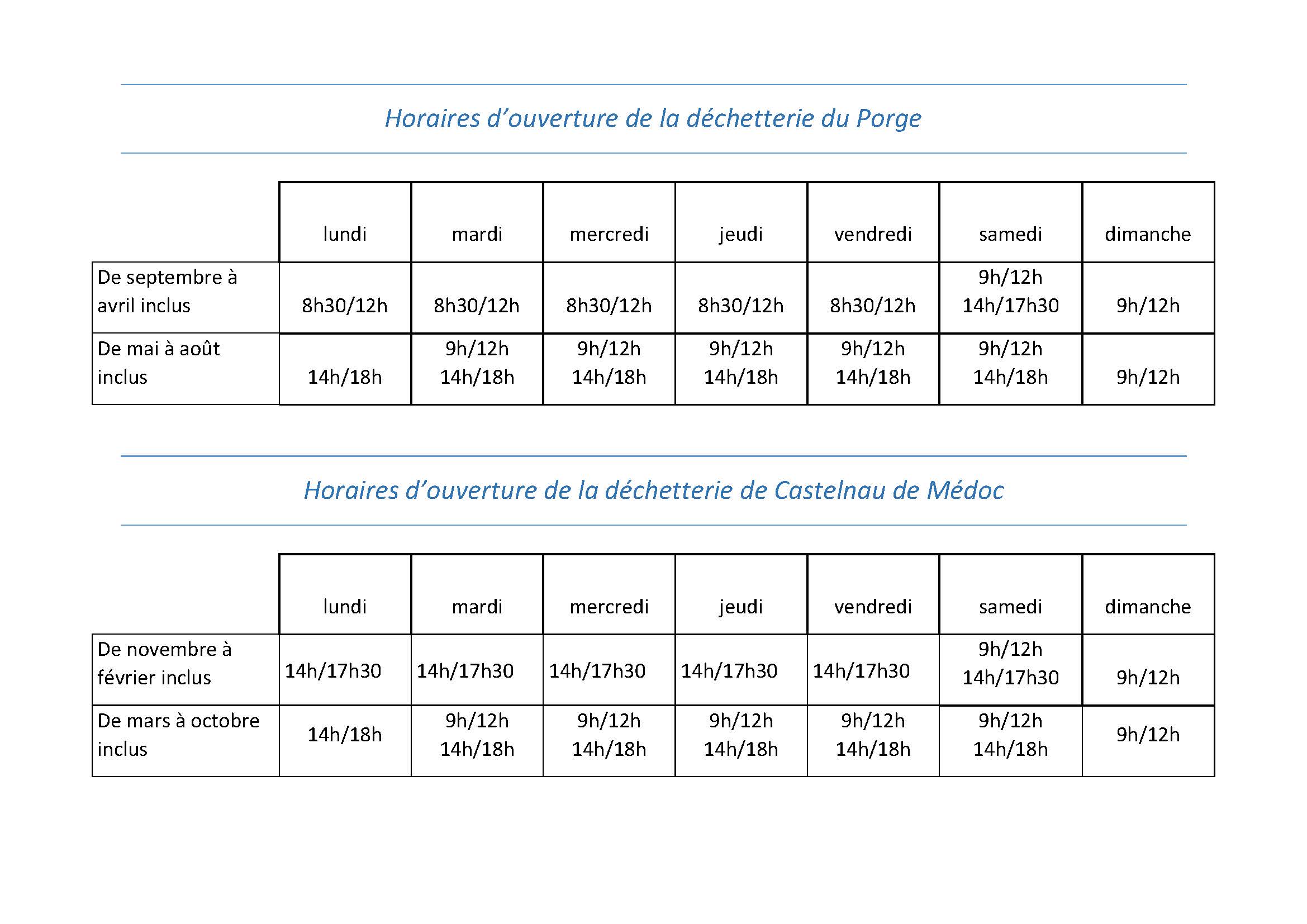 Nouveaux horaires déchetteries